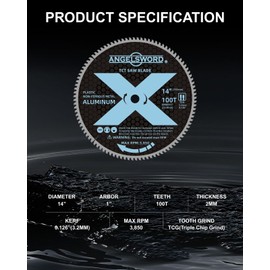 ANGELSWORD 14 inch 100T Aluminum Miter Saw Blade/Chop Saw Blade, 1" Arbor, for Aluminum and Non-Ferrous Metal Cutting