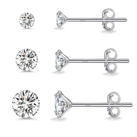 Shuxin Sterling Silver Stud Earrings for Women, Set of 3 Pairs Small Diamond Earrings, Tiny Cubic Zirconia Stud Earrings Set Hypoallergenic Sleeper Earrings 3, 4, 5mm