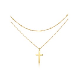 Zysta Small Cross Crucifix Necklace 14k Gold Plated Double Layered Choker Adjustable Simple Pendant Necklaces Dainty Jewelry Chain for Women Gift (Vertical cross)