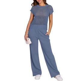 ANRABESS Women Two Piece Outfits Crochet Sheer Knit Sweater Top Wide Leg Pants Lounge Matching Sets Sweatsuit Travel Clothes Deep Blue Medium