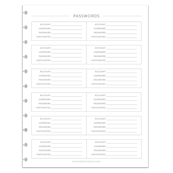 BetterNote Password Tracker Refill Pages for Disc Notebook, Fits Discbound,