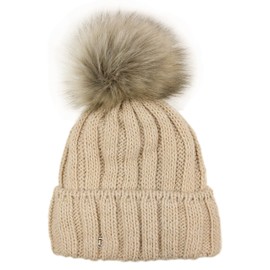 Ever Bloom Women's Knitted Hat with Faux Fur Bobble Removable, Made in the EU, Beanie Hat Bobble Hat, Warm Winter Hat with Thermal Fleece Lining, beige