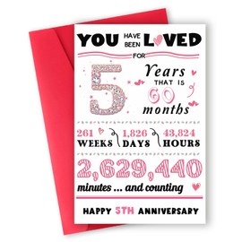 ATTLVV 5 Year Anniversary Card Gifts for Him Her,Happy 5th Wedding Anniversary Card for Woman Men,Fifth Anniversary Card Gifts for Husband Wife,Romantic Pink Anniversary Card