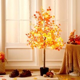 CraftyDream 1 Pcs 4ft Fall Lighted Eucalyptus Tree Artificial Autumn Ficus Fall Thanksgiving Decor Artificial Faux Plant Tree Decor for Party Porch Fireplace Front Door Outdoor Indoor Decoration