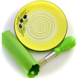 BonCera, 4pcs Premium Ceramic Garlic Grater Set - HandMade, Olive Design Grater Plate with Garlic Peeler, Gathering Brush, Stand, Grating for Turmeric, Ginger, n more, #114