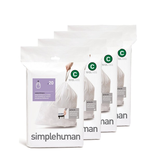 simplehuman Custom Fit Trash Can Liner C, 10 Liters / 2.6 Gallons, 20 Count (Pack of 4)