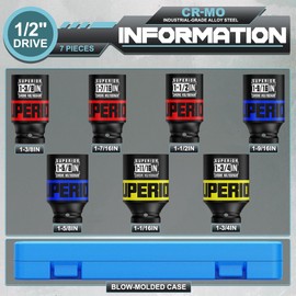 Aiourx 7 Piece 1/2" Drive Impact Socket Set, 1-3/8" - 1-3/4" Axle Nut Socket, SAE, CR-MO, 6 Point, Large Equipment Maintenance, Home Repair, Car Repair and More