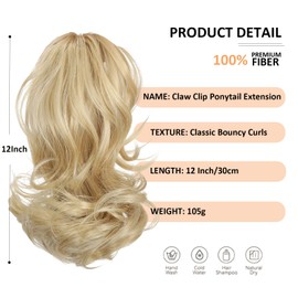 Webshaiy Short Ponytail Extension Pferdeschwanz Verlängerung 30cm Kurz Klaue Clip in Pferdeschwanz Haarverlängerungen Lockig Wellig Haarverlängerungen Synthetisches Haarteil für Frauen Natural Blonde