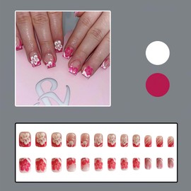 Mkwntg Flower Press on Nails - Short Square Fake Nails French Tip Full Cover Glue on Nails - Glossy White Pink Floral - Spring Summer False Nails - 24Pcs