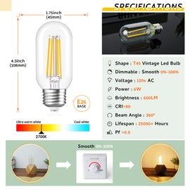 Tubular led Bulb, 6w e26 Bulb T45 T14,60 Watt Edison Vintage Bulbs,Warm White 2700k,Clear Glass, 600lm,Pack of 6