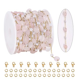 KYUNHOO 3 Meters Thin Stainless Steel Paper Clip Chains for Jewelry Making Light Pink Transparent Stone Chain Roll Faux Pearl Bead Bulk Jewelry for Women DIY Necklace Bracelet