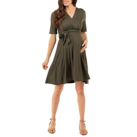 Mother Bee Maternity Knee Length Wrap Dress with Adjustable Belt