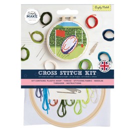 Simply MAKE Cross Stitch Kit Rugby Match Design, Kids & Adults, Hoop, Embroidery Thread, Adult Crafts, Beginners Craft Kit