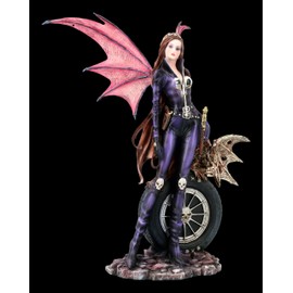 Elves Figurine Naira with Skeleton Dragon 25 cm Motorcycle Outfit - Dark Angel Design, Artificial Stone, Hand Painted, Gothic Angel Biker Decoration