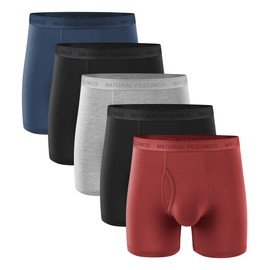 Natural Feelings Mens Underwear Bamboo Viscose Boxer Briefs Breathable Underwear Regular Long with Open Fly 5-Pack,Claret Multi,M