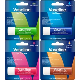 Vaseline Lip Therapy Stick with Petroleum Jelly (Original, Aloe Vera, Rosy Lips, Cocoa Butter)- 4pk