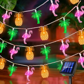 Solar Summer Hawaiian Outdoor Lights, 16Ft 40 LED Flamingo Pineapple Palm Tree String Lights Waterproof Solar Powered Tropical Beach Pool Lights with 2 Lights Mode for Luau Aloha Theme Party Decor