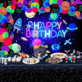 78 PCS Glow Neon Outer Space Party Decorations - Astronaut Planet Happy Birthday Backdrop Banner, Galaxy Tablecloth, Glow in The Dark Balloons for Boy Neon Space Party Supplies