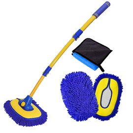 BMLEI Car Wash Brush with Long Handle, Microfiber Towels Car Wash Kit Cleaning Supplies, Car Wash Mop Mitt with 2 Replacement Head, Extension Pole Car Brush Cleaning Kit for Cars Trucks(Blue)