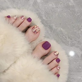 Pack of 24 Stick-On Toenails Short, French Purple Shiny False Toenails with Jelly Glue, Square Artificial Toenails Full Cover Fake Toe Nails for Women and Girls DIY Nail Art