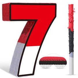 Pasimy Number 7 Piñata Red and White Cartoon Animation Piñata with Stick Blindfold Confetti for Video Game Birthday Party Baby Shower Anniversary Celebration Decorations, 15.7 x 12.6 Inch