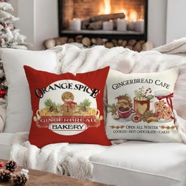 Fahrendom Christmas Gingerbread Red Decorative Throw Pillow Covers 18 x 18 Set of 4, Xmas Bakery Hot Cocoa Cookie Cafe Pillowcase Baking Lover Gifts, Winter Holiday Sofa Couch Cushion Case Home Decor