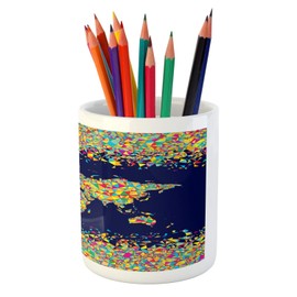 Ambesonne Map Print Pencil Pen Holder, World Map Design with Mosaics Print Global Scene Atlas Colorful Art, Ceramic Pencil Holder for Desk Office Accessory, 3.6" X 3.2", Dark Blue Yellow Blue