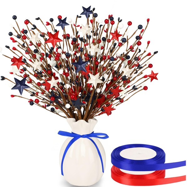 JUNEBRUSHS 6 Pack Patriotic Artificial Berry Stem Picks Red White