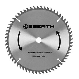 EBERTH Circular Saw Blade Steel with Carbide Teeth for Wood Cutting (210 mm Diameter, 16 mm Bore, 1.6 mm Blade Thickness, 2.4 mm Cutting Width, 60 Teeth, RPM Max. 5000)
