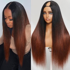 KLAIYI Yaki Straight V Part Wig Human Hair Ombre Reddish Brown Upgrade U Part Wig with Dark Roots No Leave Out Drawstring Clip In Half Wigs Glueless 30S Ready to Wear and Go Beginner Friendly 16Inch