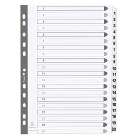 Exacompta - Ref MWD1-20Z - Mylar Printed Indices - For Use WithA4 Documents, Pre-Punched, 160gsm White Card with Reinforced Plastic Tabs, FSC-Certified - 20-Part Dividers (1-20)