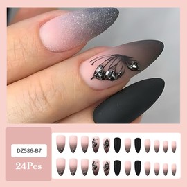 Almond Black Press on Nails Medium Butterfly Fake Nails with 3D Design Silver French Tip False Nails Glitter Acrylic Nails Medium Length Glue on Nails Spring Stick on Nails for Women