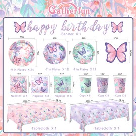 Butterfly Birthday Party Supplies Set - Includes Disposable Plates, Cups, Napkins, Tablecloth, and Banner | Butterfly Party Decorations for Girls Birthday Celebration,Serve 24