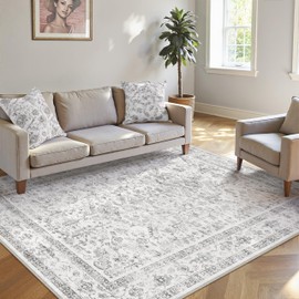 PureCozy Grey 6x9 Area Rug Vintage Washable Living Room Carpet Non Slip Bedroom Indoor Office Low Pile Large Traditional Distressed Retro Accent Rug for Dining Room Bathroom Kitchen