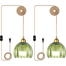 QIYIZM Plug in Pendant Light Hanging Lights with Plug in Cord Gold Hanging Lamp Dimmable Mini Glass Green Mid Century Modern Vintage Retro Ceiling Fixture for Living Room,Bedroom,Boho,2pack