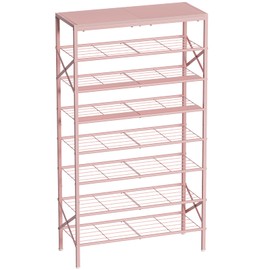 8-Tier Tall Shoe Rack Organizer Shoe Storage for Entryway 24-32 Pairs Metal Shoe Rack for Closet Heavy-Duty Shoe Rack with Wooden Top Shelf for Garage Pink