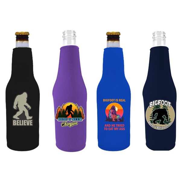 Bigfoot Funny Zipper Beer Bottle Coolie Designs 4 Pack
