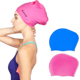 Keary 2 Pack Updated Silicone Swim Cap for Long Hair Women Girl Waterproof Bathing Pool Swimming Cap Cover Ears to Keep Your Hair Dry, 3D Soft Stretchable Durable and Anti-Slip, Easy to Put On and Off