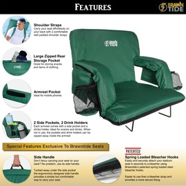 BRAWNTIDE Stadium Chair with Back Support - Comfy Cushion, Thick Padding, 2 Bleacher Hooks, 4 Pockets, Ideal Stadium Seat for Bleachers, Sporting Events, Camping (Green, Regular Size)