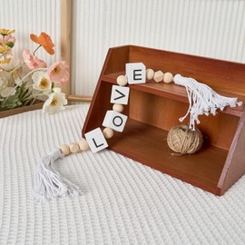 Love Letter Block Wood Bead Garland with Tassels, Farmhouse Decorative Beads, Modern Wooden Beads Garland for Tabletop, Tiered Tray, Mantel, Love Decor