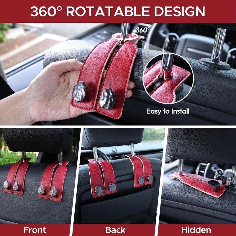 URIZZD 2PCS Leather Car Seat Hooks for Headrest, Vehicle Hanger
