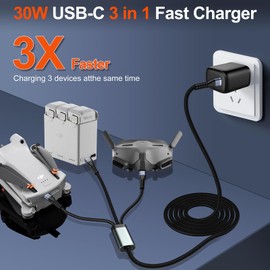 30W PD 3-in-1 USB-C Fast Charger for DJI Neo, Mini 4 Pro, 4K, 3 Pro/3, 2 SE, Avata, Air 3, Air 2S Drones - Type C Wall Charger With 5FT Cable