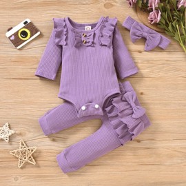 Aalizzwell Preemie Newborn Infant Baby Girls Clothes Ribbed Bodysuit Pants Set Fall Winter Spring Outfits Purple Premature