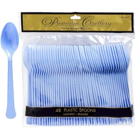 ELEGANI Pastel Baby Blue Color Theme Tableware for Special Occasions, Wedding, Parties, Birthdays and Graduation; Pastel Blue Premium Plastic Spoons 48ct