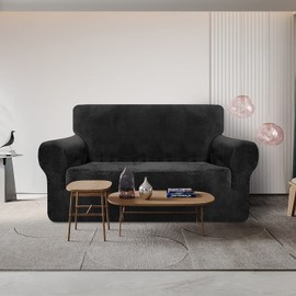 Granbest Luxury Thick Velvet Sofa Cover 2 Seater High Stretch Couch Cover Ski-friendly 4 Seasons Universal Sofa Protector for Pets and Kids (2 Seater, Black)