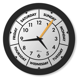DayClocks Time & Week-Day Wall Clock with Solid Plastic Frame – Weekly Analog Clock with Days, Hours & Minutes – Quiet Wall Mounted Clock - Ideal Retirement Gift for Men & Women, Black, 12"