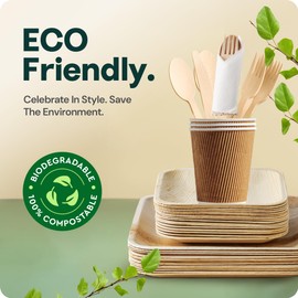 Palm Leaf Bamboo Plates & Pre-Rolled Bamboo Cutlery Party Set - 10 & 7'' Compostable Plates Elegant Pre-Rolled Utensils, Napkins , Cups for Weddings, Events, and Special Occasions For 30 Guests