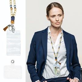 Lanyard for ID Badges and Keys - Wood Beaded Lanyards, Fashinable Holder, Necklace Chain Nurse Accessories Work Jewelry Keychain for Women, Super Soft & Comfortable, Teacher Gift (Grey White Diamond)