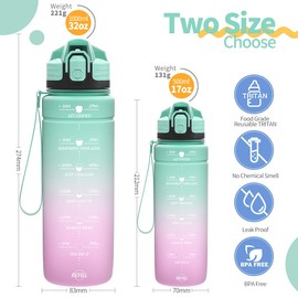Coolfel Sports Water Bottle 2 L, 1.5 L, 1 L, 700 ml, 500 ml Children's Leak-Proof, Motivational Water Bottle with Time Marking, BPA-Free Tritan Drinking Bottle for Girls, Boys, School, Gym