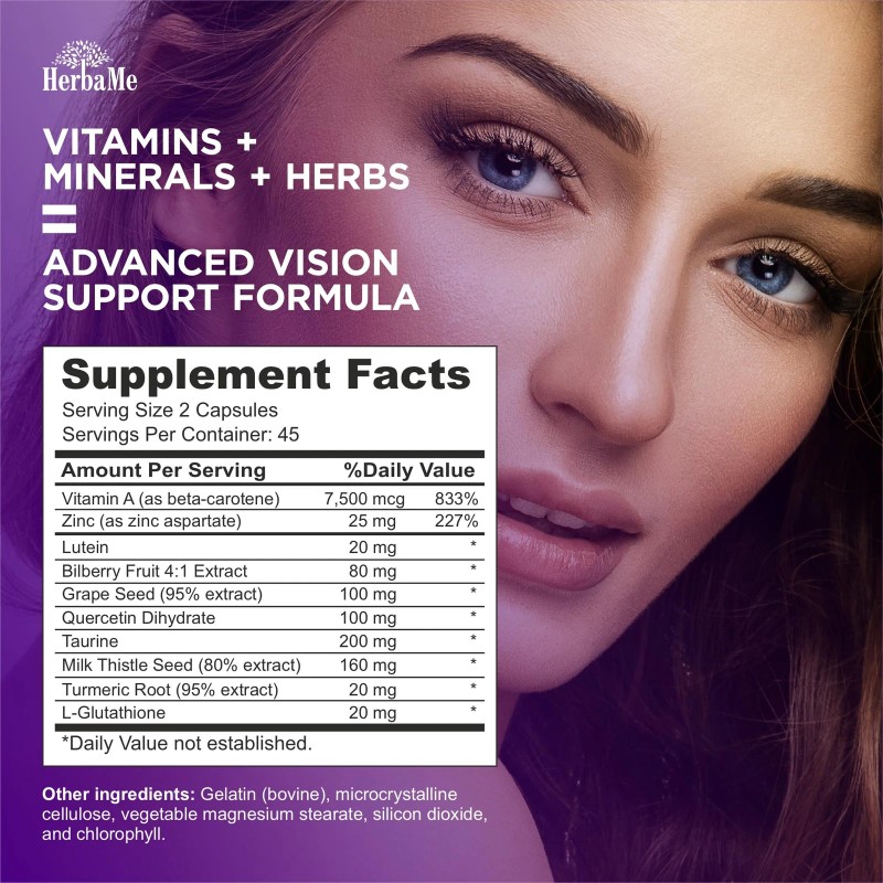 HerbaMe Eye Vitamins 90 Capsules Lutein Bilberry Beta Carotene Zinc